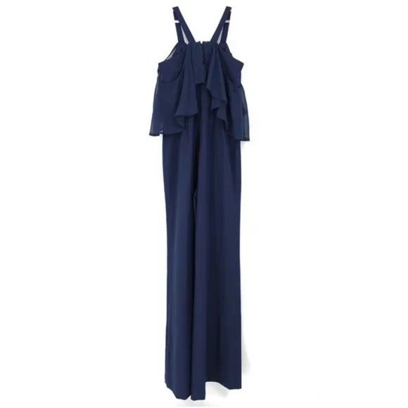 JAY GODFREY Oliver Navy Blue Wide Leg Jumpsuit Chiffon Ruffle Cold Shoulder 2 XS - Picture 5 of 9